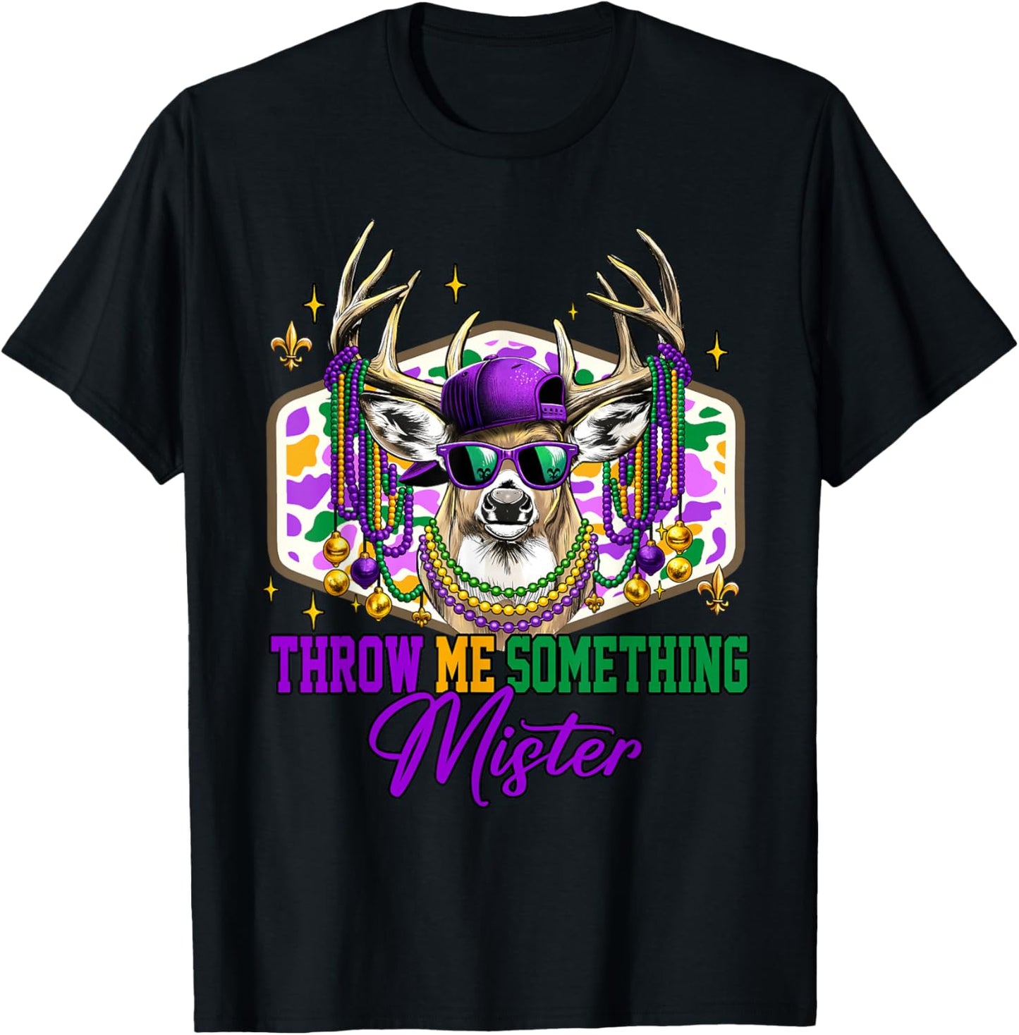 Throw Me Something Mister Mardi Gras Deer Beads Fleur De Lis T-Shirt - T-Shirt | Black