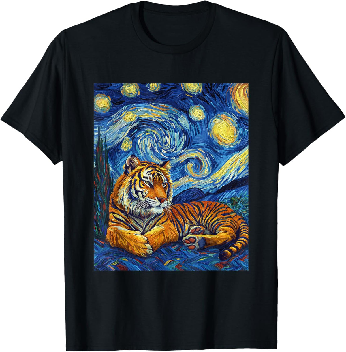 Tiger Van Gogh Style Starry Night Funny Graphic T-Shirt - T-Shirt | Black