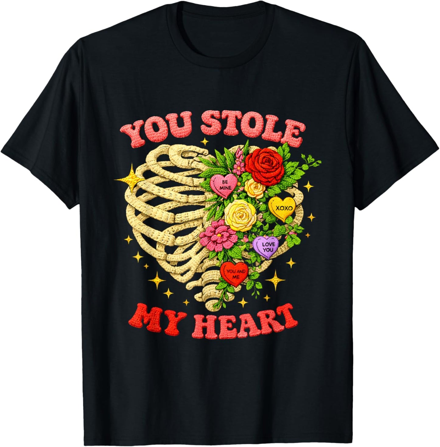 You Stole My Heart Embroidered Skeleton Valentine Art T-Shirt - T-Shirt | Black