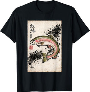 Rainbow Trout Fly Fishing Gyotaku Art Japanese Ink Print T-Shirt - T-Shirt | Black