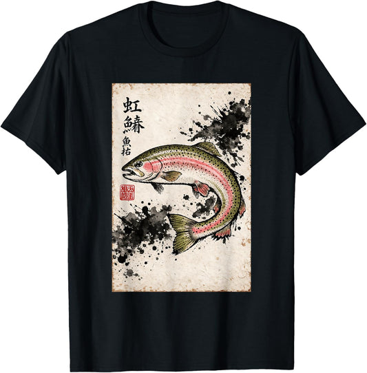 Rainbow Trout Fly Fishing Gyotaku Art Japanese Ink Print T-Shirt - T-Shirt | Black