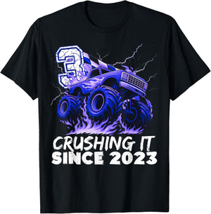 Birthday Monster Truck 3 Year Old Boys 3rd Party Born 2023 T-Shirt - T-Shirt | Black