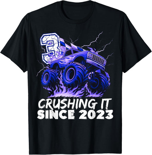 Birthday Monster Truck 3 Year Old Boys 3rd Party Born 2023 T-Shirt - T-Shirt | Black
