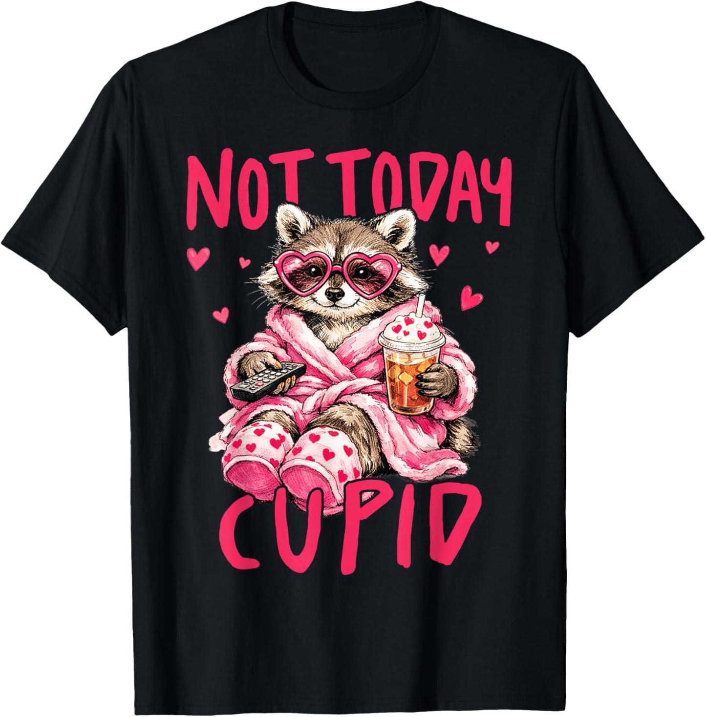 Cupid Raccoon Anti Valentines Day Single Iced Coffee Hearts T-Shirt - T-Shirt | Black