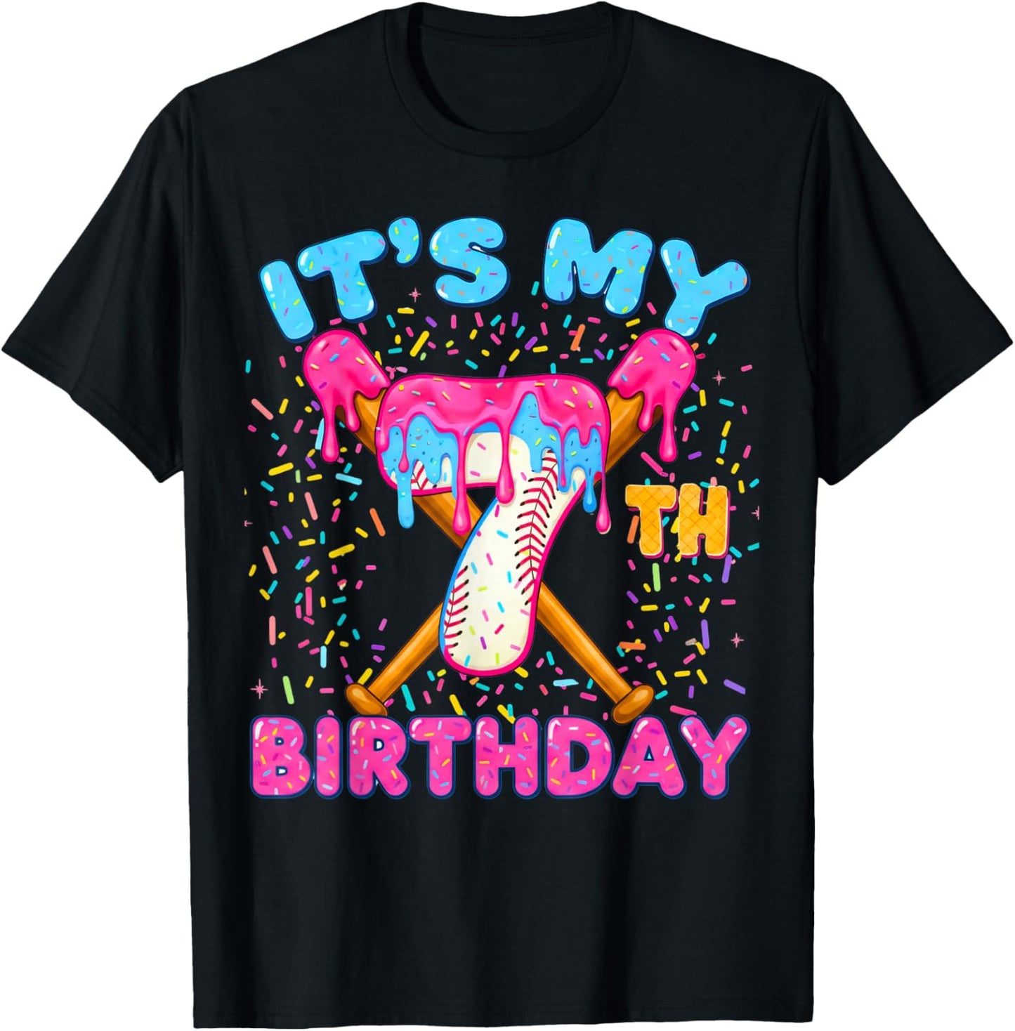 7th Birthday Baseball Seven Ice Cream Drip Boy Baseball T-Shirt - T-Shirt | Black