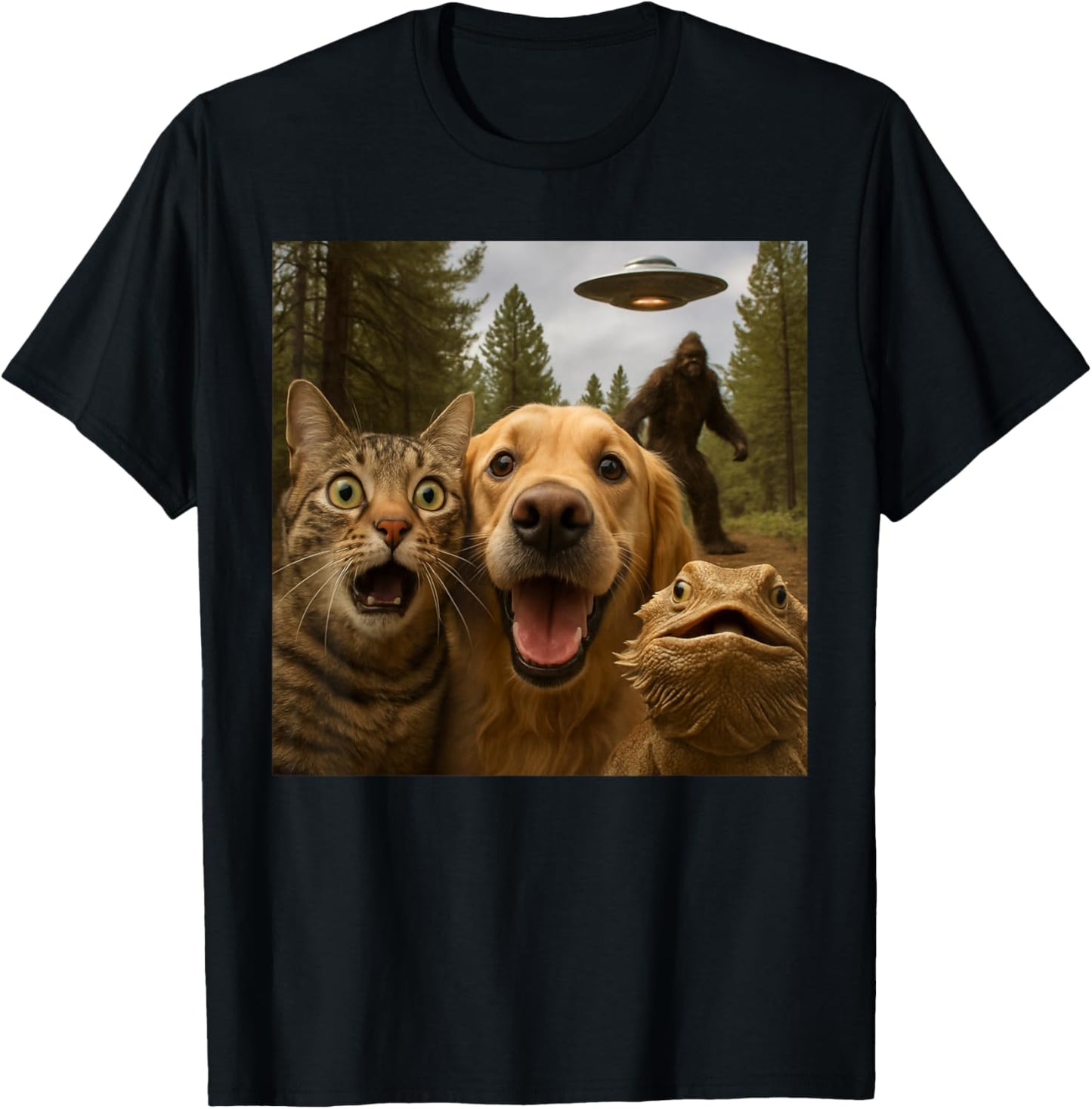 Funny Cat Selfie with Bearded Dragon UFO & Bigfoot T-Shirt - T-Shirt | Black
