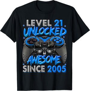 Level 21 Unlocked Awesome Since 2005 21st Birthday Gaming T-Shirt - T-Shirt | Black