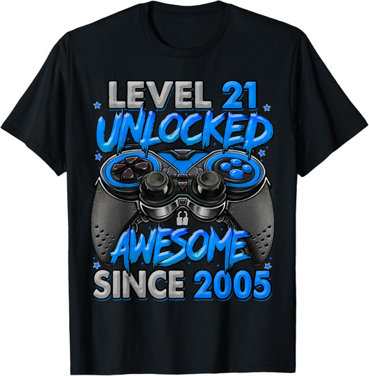 Level 21 Unlocked Awesome Since 2005 21st Birthday Gaming T-Shirt - T-Shirt | Black