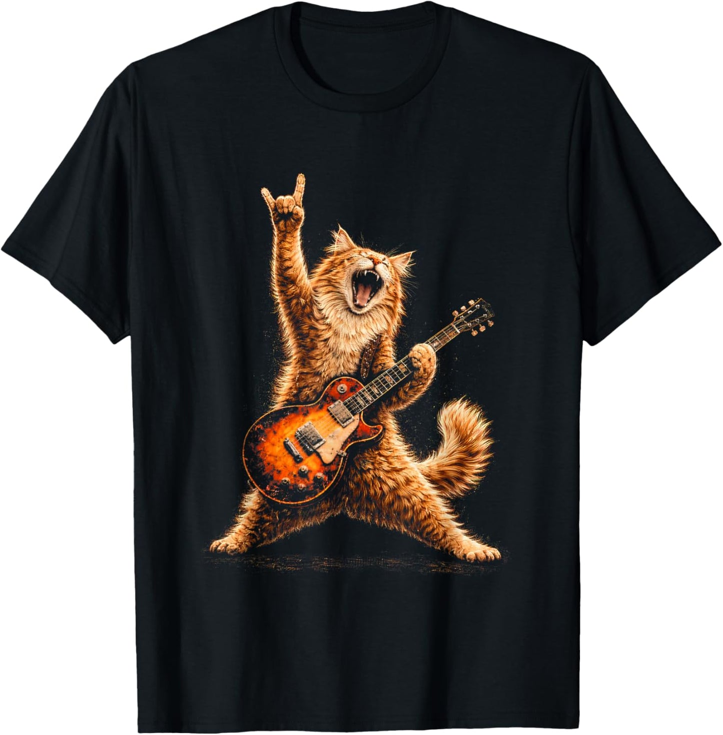Funny Cat Playing Guitar Shirt Cat Guitarist Rock and Roll T-Shirt - T-Shirt | Black