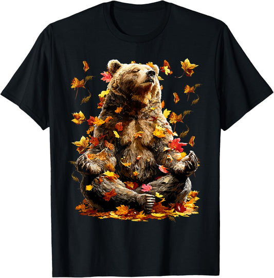 Peaceful Bear Fall Leaves Meditating Zen Animal Autumn Yoga T-Shirt - T-Shirt | Black