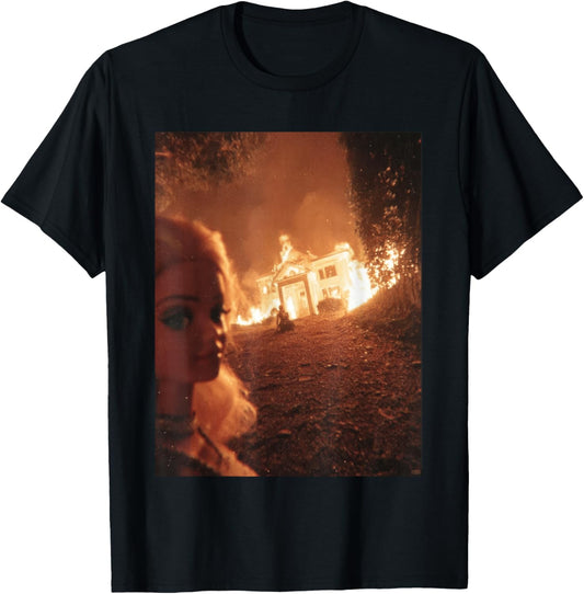 Funny Chaotic Doll Face Mem Selfie Background House on Fire T-Shirt - T-Shirt | Black