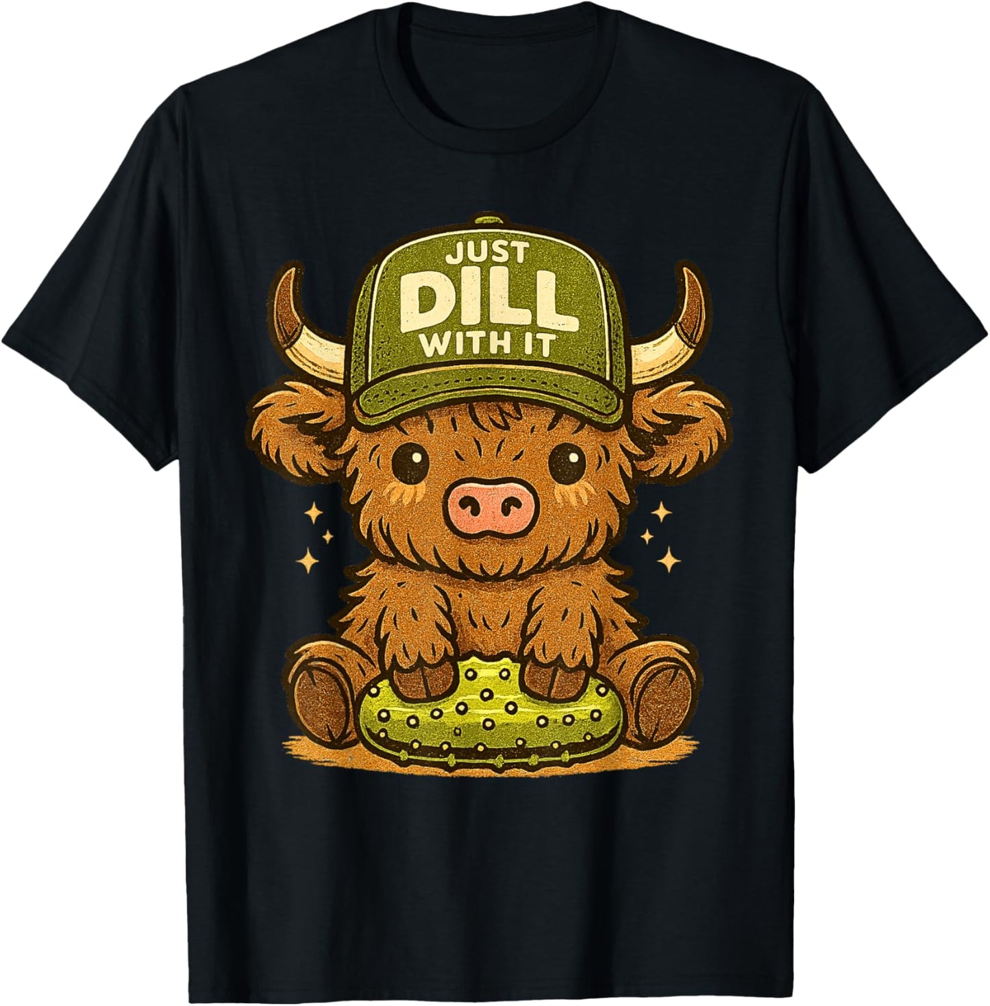 Just Dill with It Cute Highland Cow Pickle Pun T-Shirt - T-Shirt | Black
