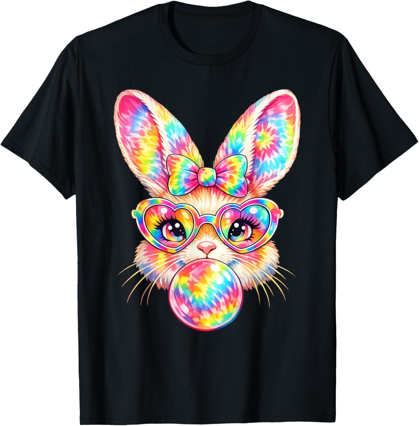 Rainbow Bunny Tie Dye Easter Coquette Bow with Sunglasses T-Shirt - T-Shirt | Black