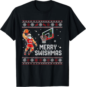 Merry Swishmas Funny Basketball Santa Ugly Christmas T-Shirt - T-Shirt | Black