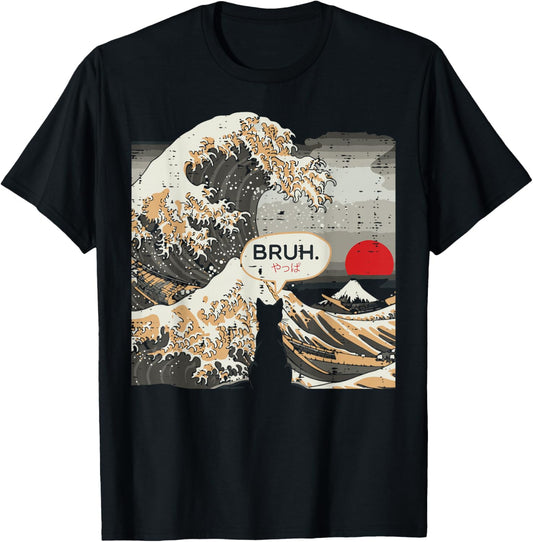 Japanese Great Wave Black Cat Bruh Funny Art Men Women Kids T-Shirt - T-Shirt | Black