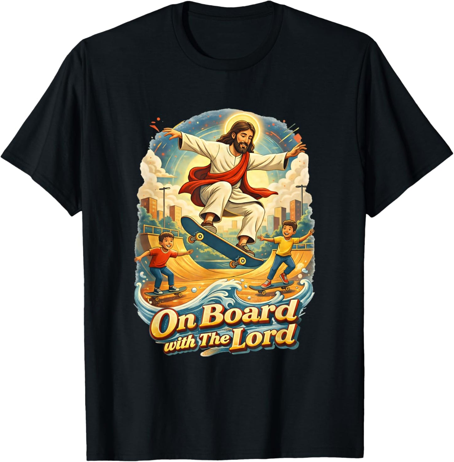 On a Board with a Lord Jesus Skateboarding Skateboard T-Shirt - T-Shirt | Black