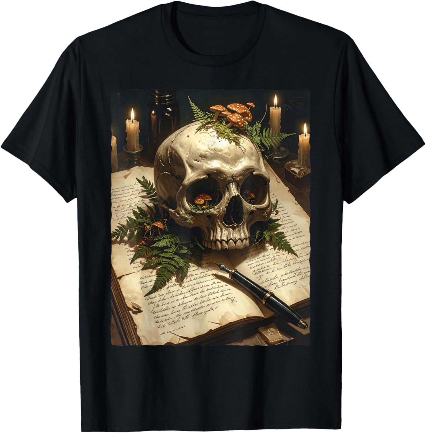 Dark Academia Gothic Mushroom Skull Vintage Book Fern Occult T-Shirt - T-Shirt | Black