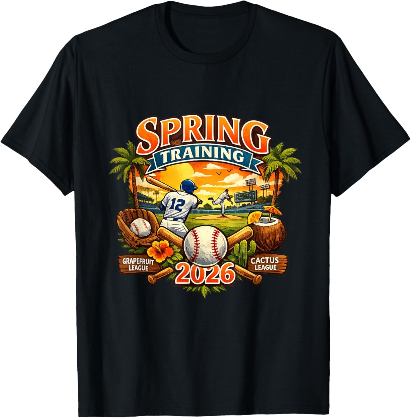 Spring Training 2026 Baseball Vintage Sunset Design T-Shirt - T-Shirt | Black