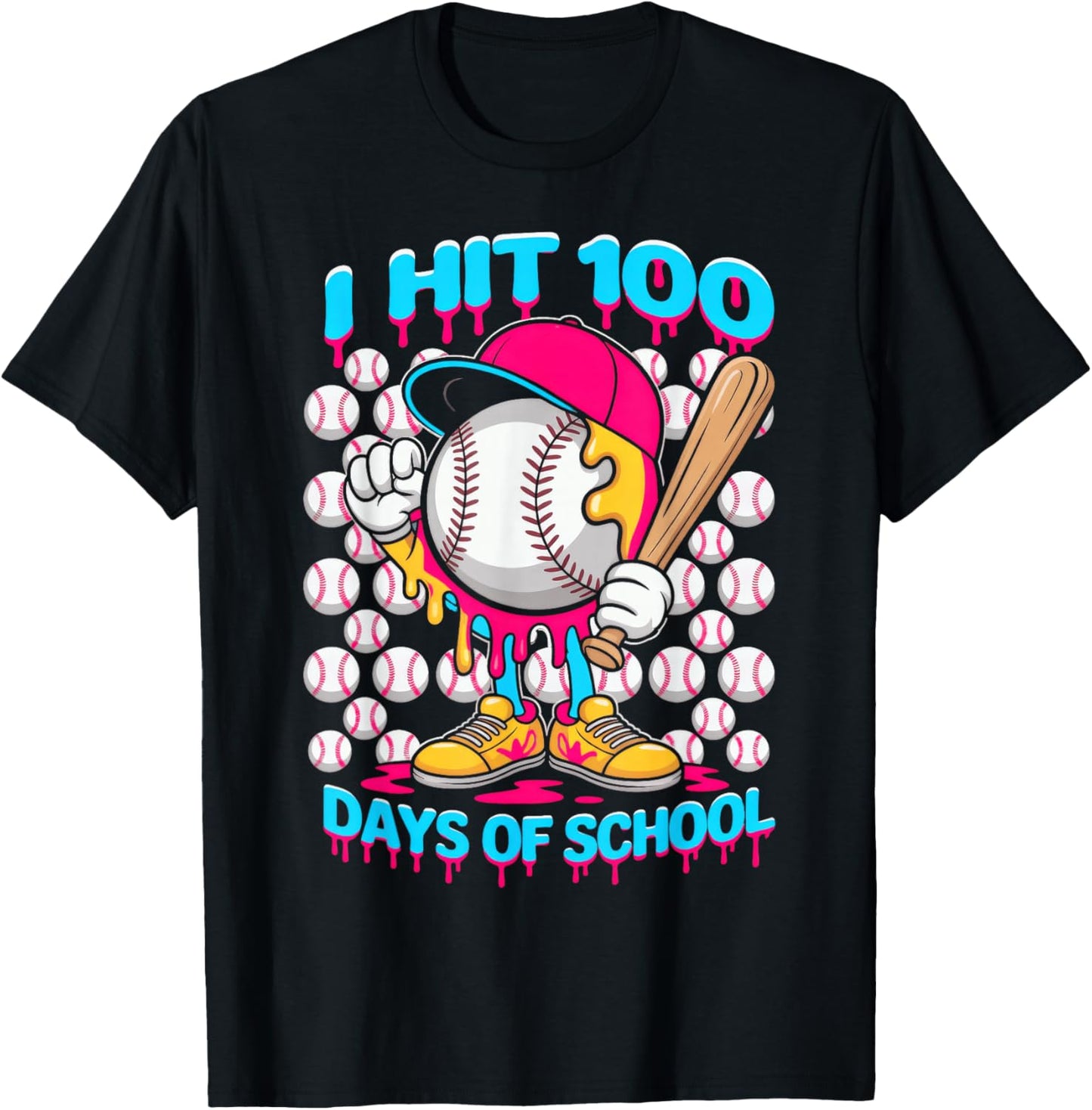 I hit 100 Days of School, Baseball Ice Cream Drip T-Shirt - T-Shirt | Black