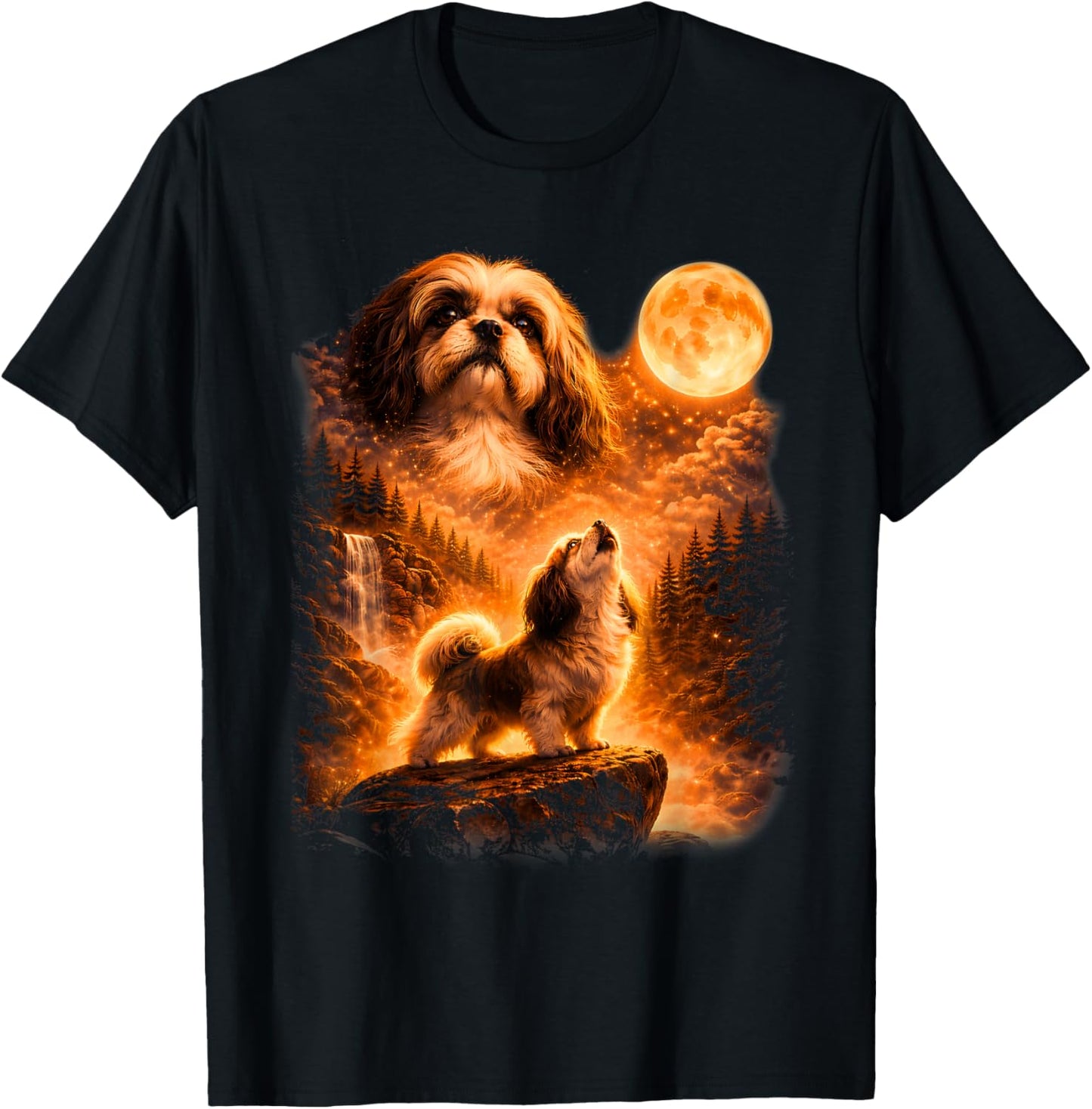 Shih Tzu Howling to The Moon Funny Vintage 90s Dog Lover T-Shirt - T-Shirt | Black