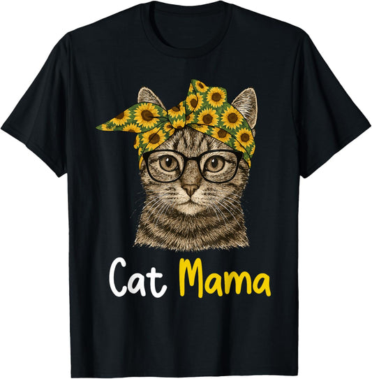 Funny Cat Mama Bow Sunflowers for cat Lovers T-Shirt - T-Shirt | Black