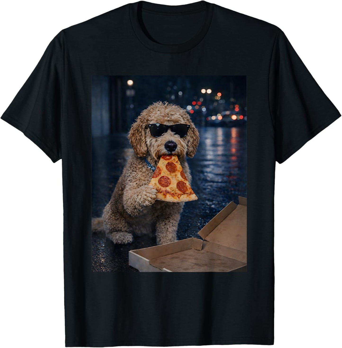 Funny Goldendoodle Dog Eating Pizza Meme Retro T-Shirt - T-Shirt | Black
