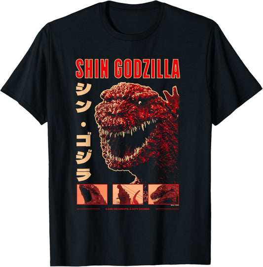 Shin Godzilla a City Doomed Collage with Kanji Monster Movie T-Shirt - T-Shirt | Black