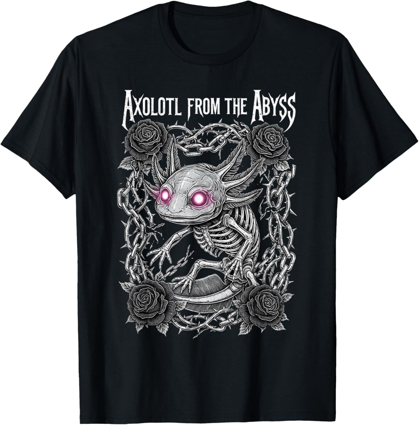 Skeleton Axolotl Gothic Heavy Metal Roses and Chains T-Shirt - T-Shirt | Black