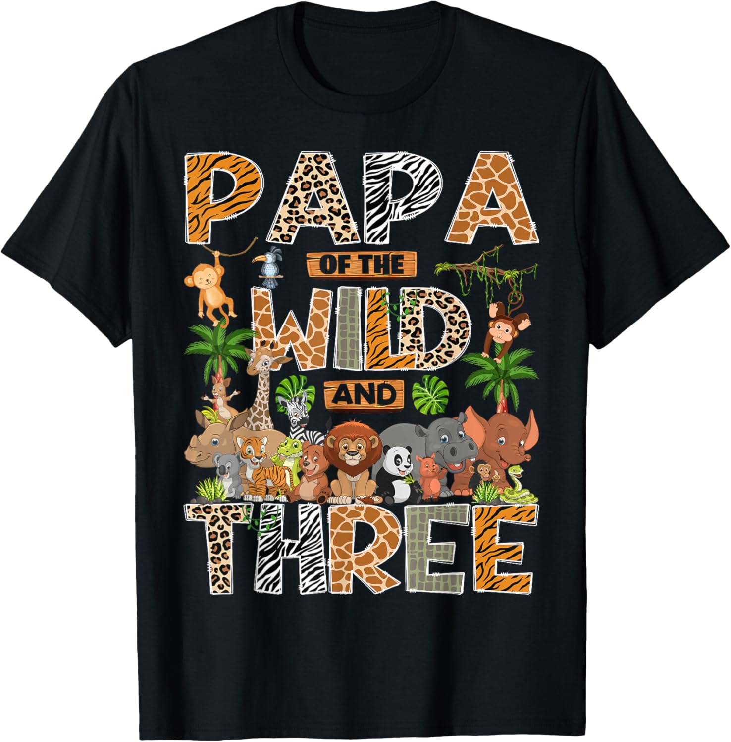 Papa of The Wild & Three 3rd Birthday Boy Safari Jungle T-Shirt - T-Shirt | Black