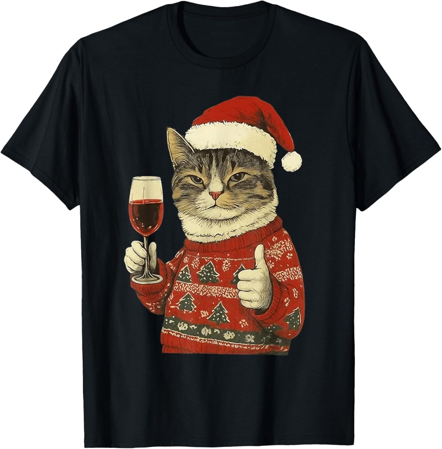 Christmas Cat Likes Cute Cat Drinking Wine with Santa Hat T-Shirt - T-Shirt | Black