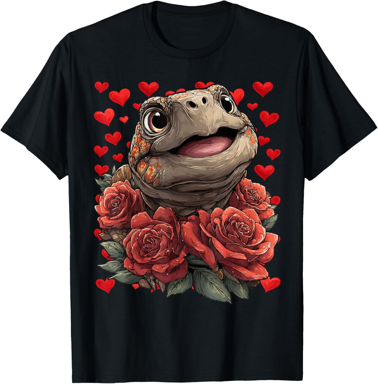 Cute Turtle with Red Roses Hearts Valentine’s Day Animal T-Shirt - T-Shirt | Black