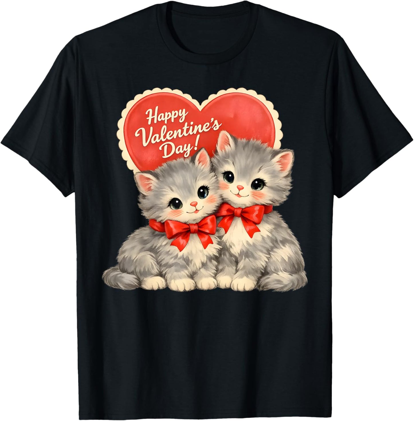 Vintage Valentine Kittens Retro Cute Cat T-Shirt - T-Shirt | Black