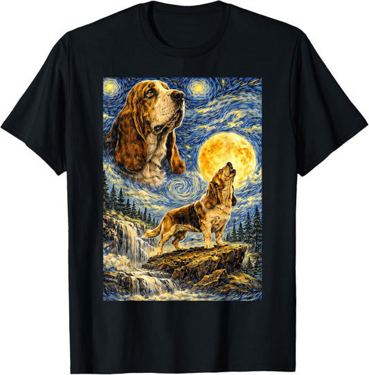 Basset Hound Starry Night Van Gogh Cute Howling Dog T-Shirt - T-Shirt | Black