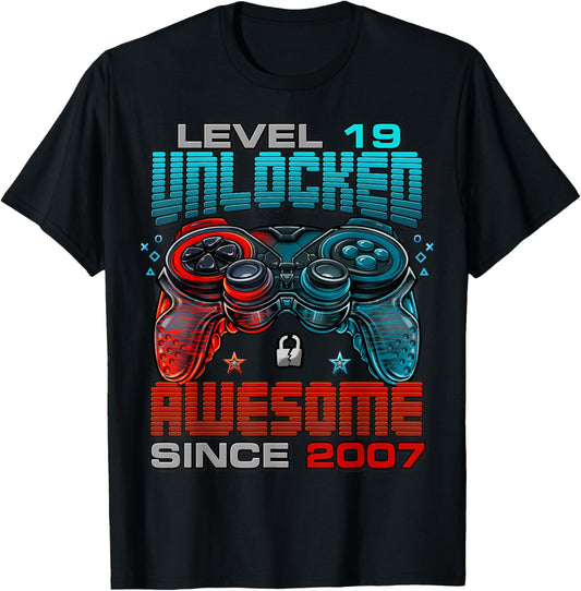 Level 19 Unlocked Awesome Since 2007 19th Birthday Gaming T-Shirt - T-Shirt | Black