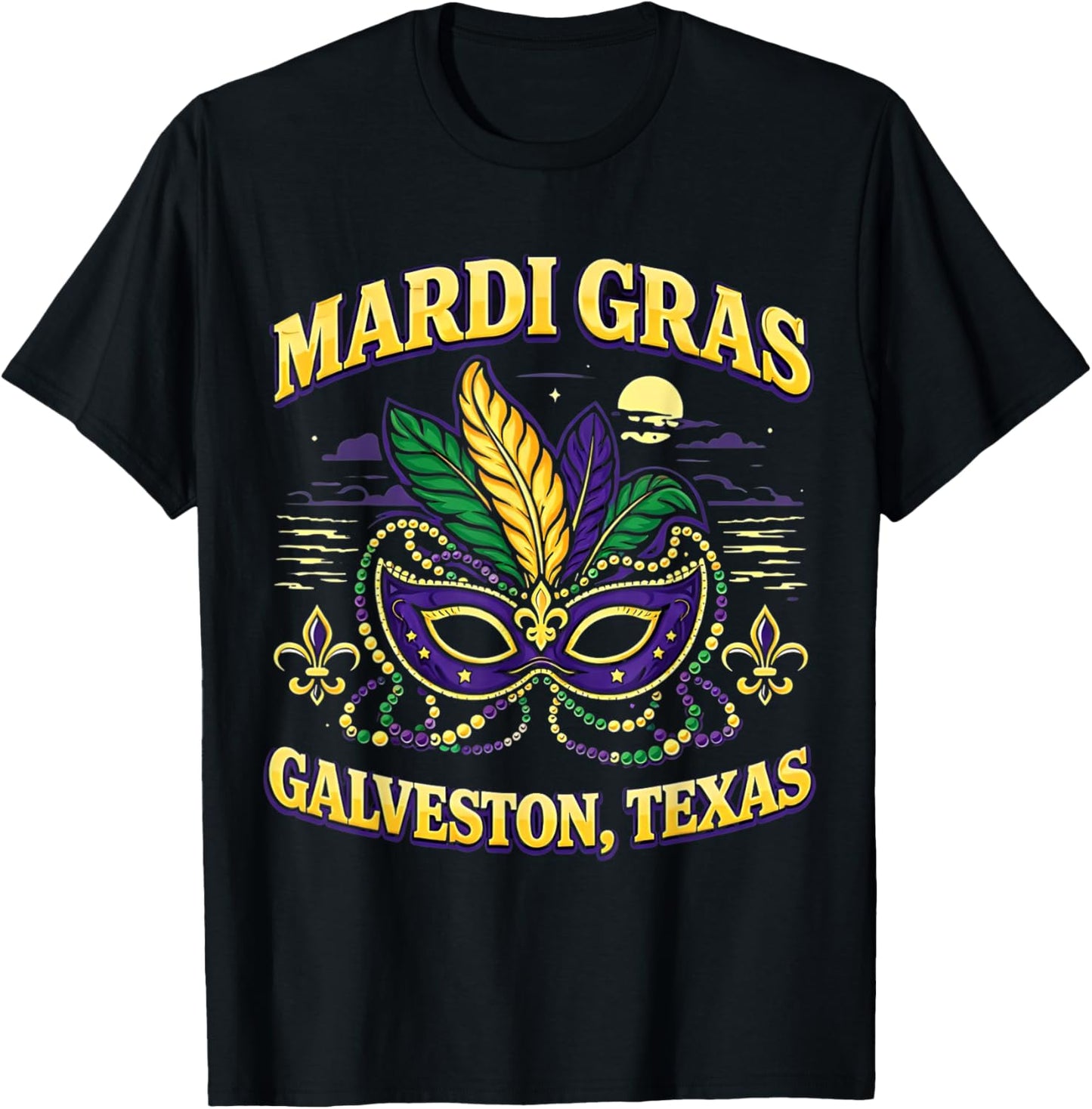 Mardi Gras Galveston Texas Mask Beads Feathers Parade T-Shirt - T-Shirt | Black