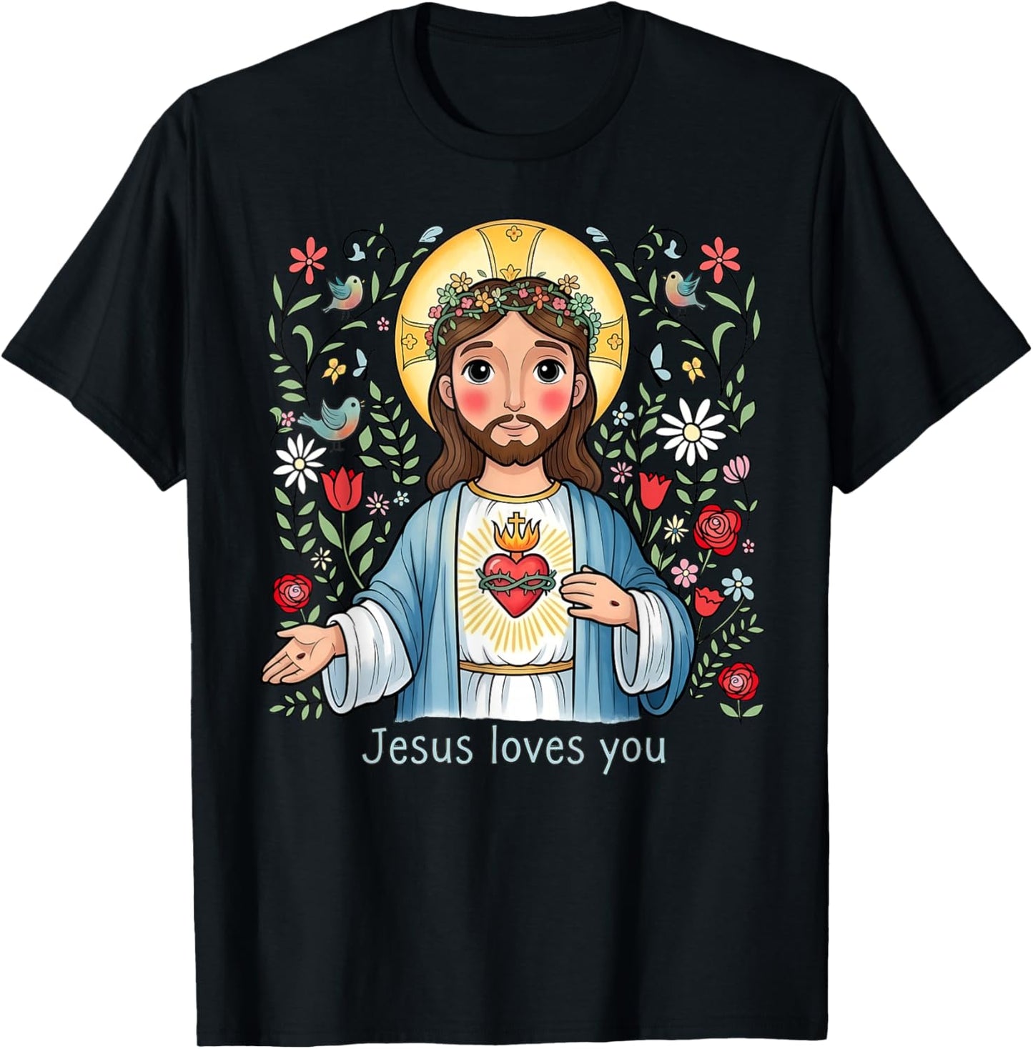 Christian Kids Jesus Loves You Catholic Heart Religious T-Shirt - T-Shirt | Black