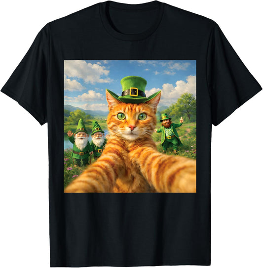 Funny St Patrick's Day Cat Selfie with Leprechaun T-Shirt - T-Shirt | Black