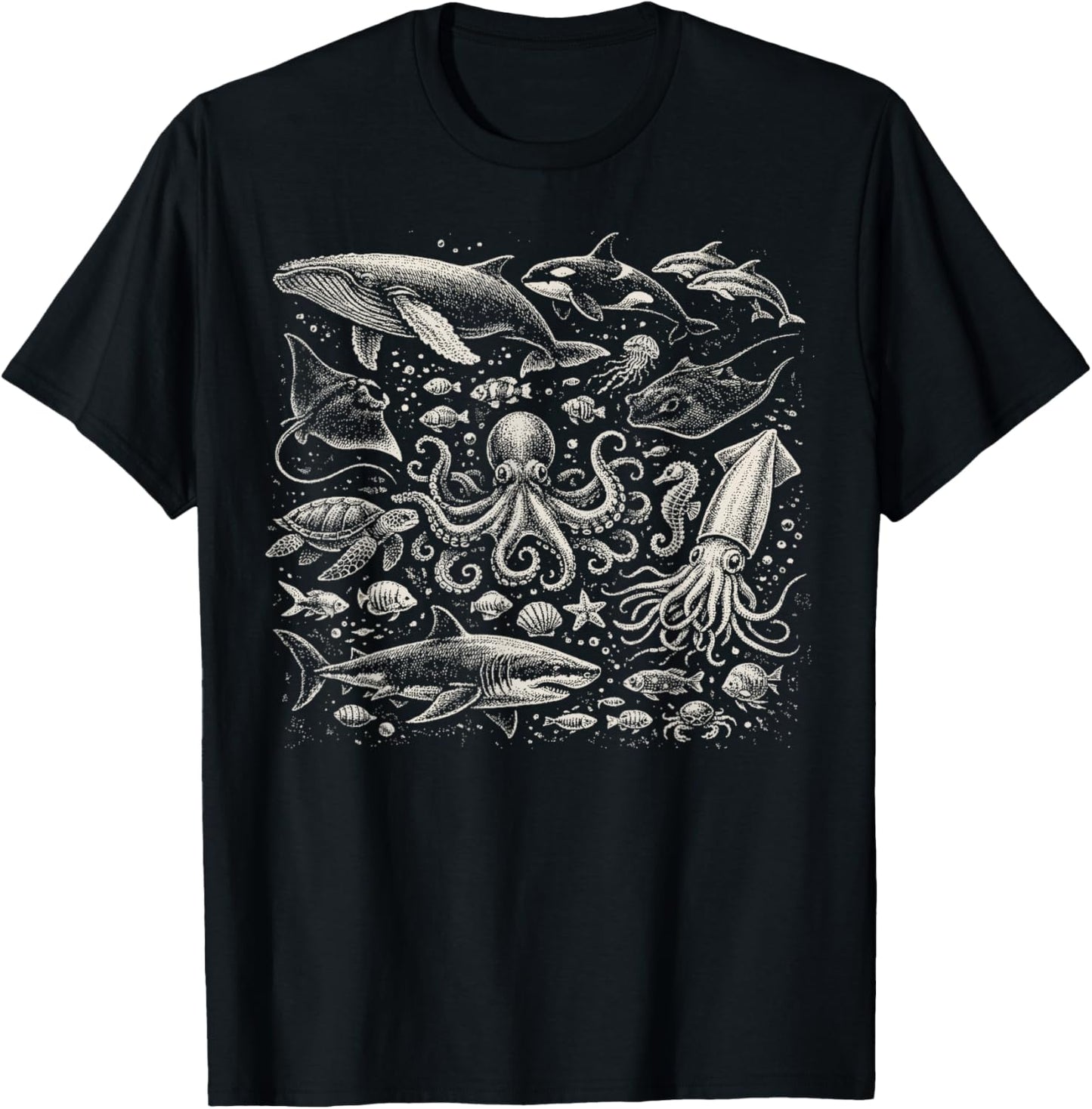 Retro Ocean Wildlife Shark Fish Octopus Turtle Animal Lover T-Shirt - T-Shirt | Black