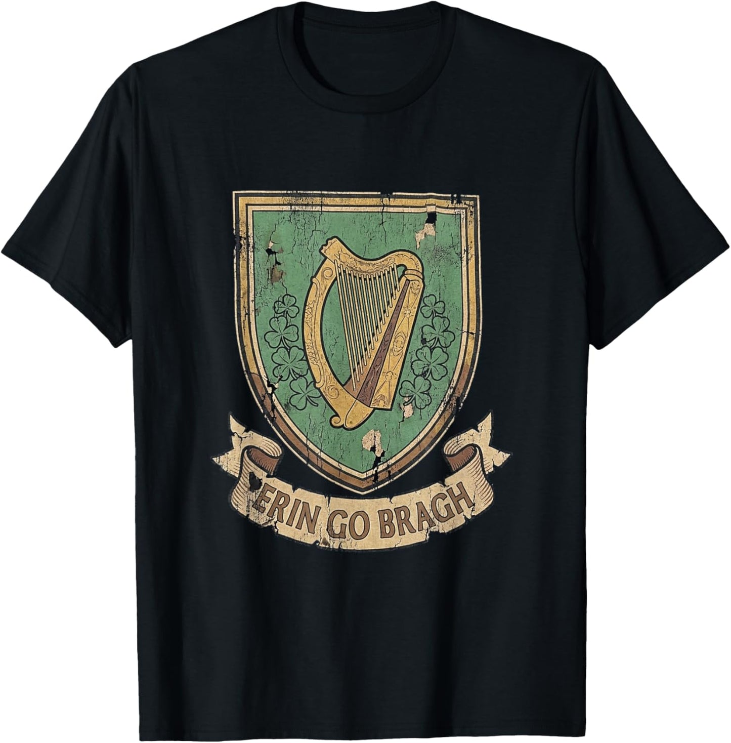 Erin Go Bragh Irish Crest Harp Shamrock Heritage Vintage T-Shirt - T-Shirt | Black