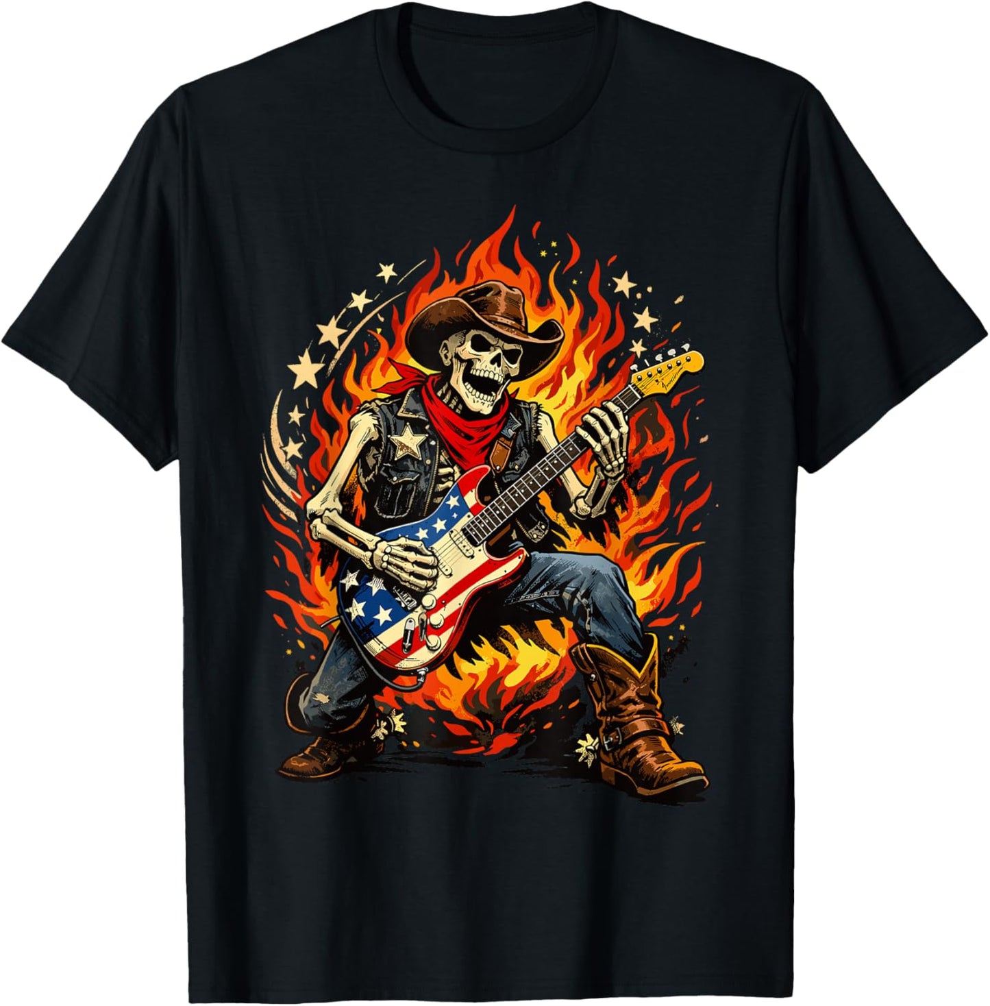 American Flag Guitar Skeleton Country Rock Rider T-Shirt - T-Shirt | Black