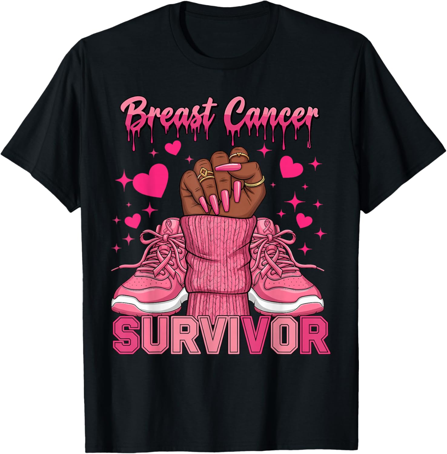 Afro Queen Black Women Breast Cancer Survivor Pink Ribbon T-Shirt - T-Shirt | Black