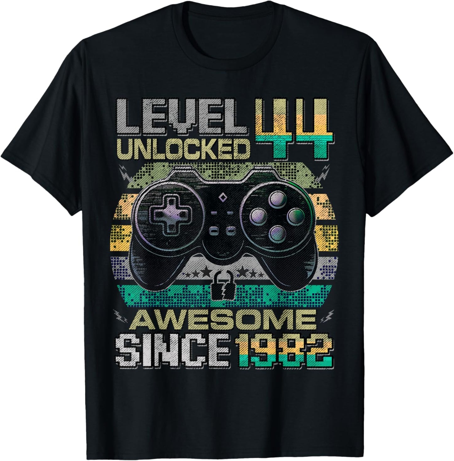 Level 44 Unlocked Awesome Since 1982 44th Birthday Gaming T-Shirt - T-Shirt | Black