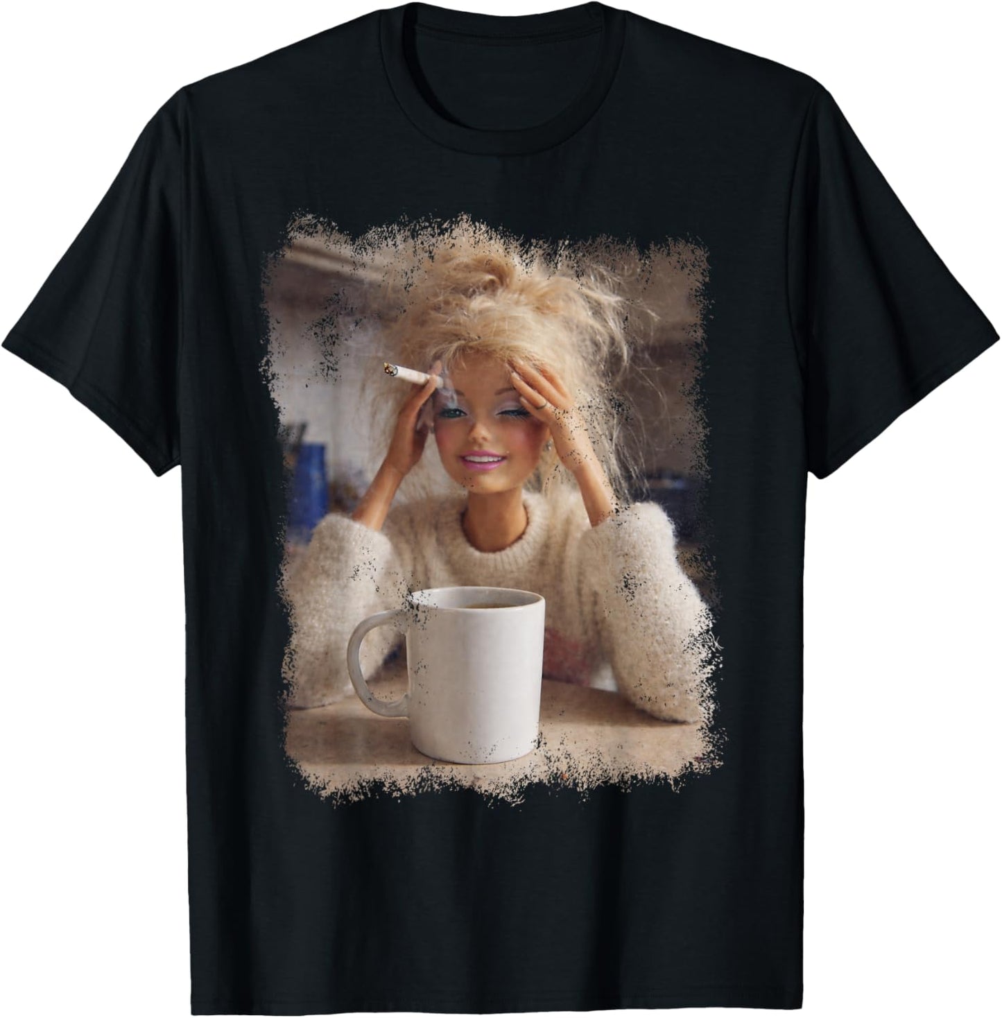 Funny Doll Face Meme Distressed Smoking Doll Meme Hilarious T-Shirt - T-Shirt | Black