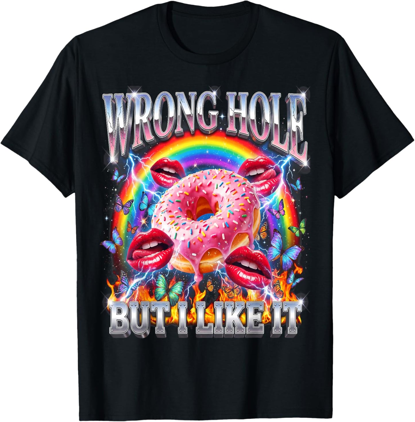 Funny Donut Wrong Hole But I Like It Humor Party 90s Bootleg T-Shirt - T-Shirt | Black