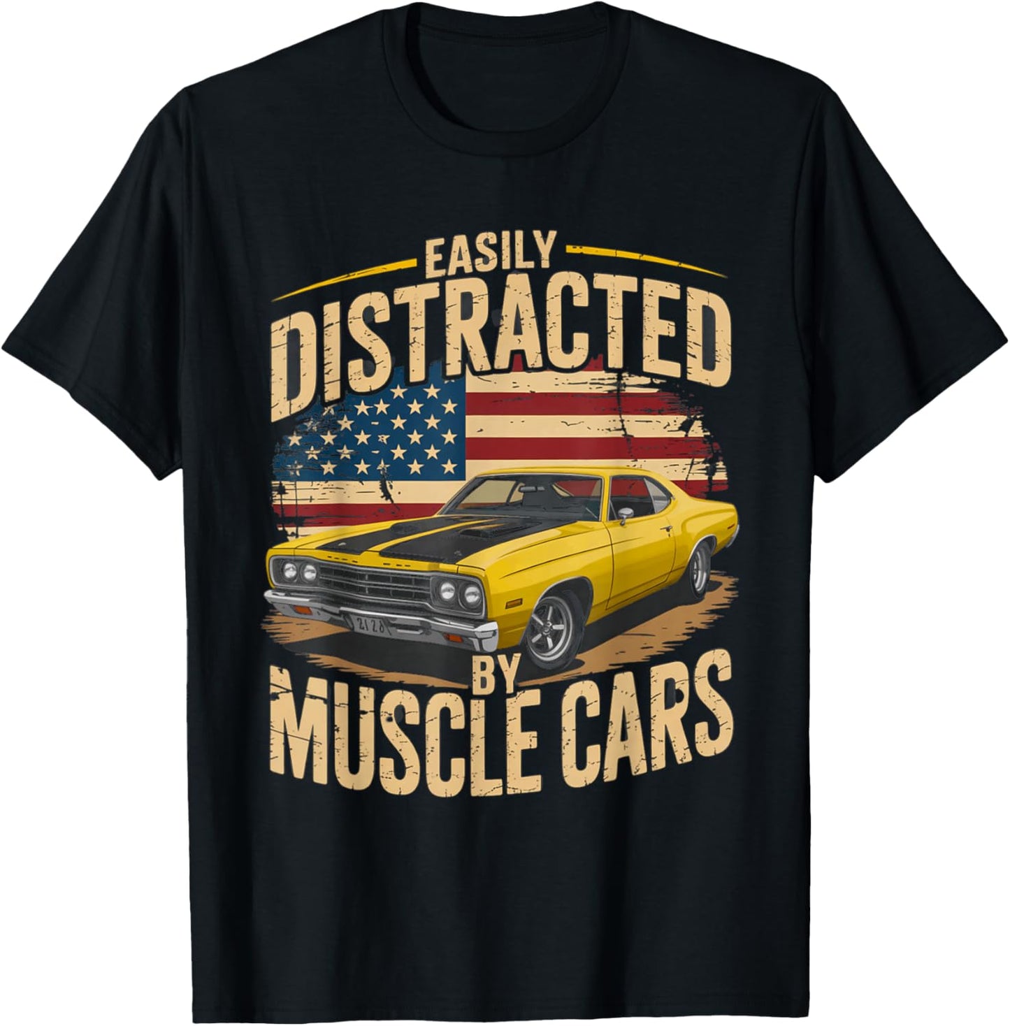 Easily Distracted by Muscle Cars Distressed Retro car Lovers T-Shirt - T-Shirt | Black