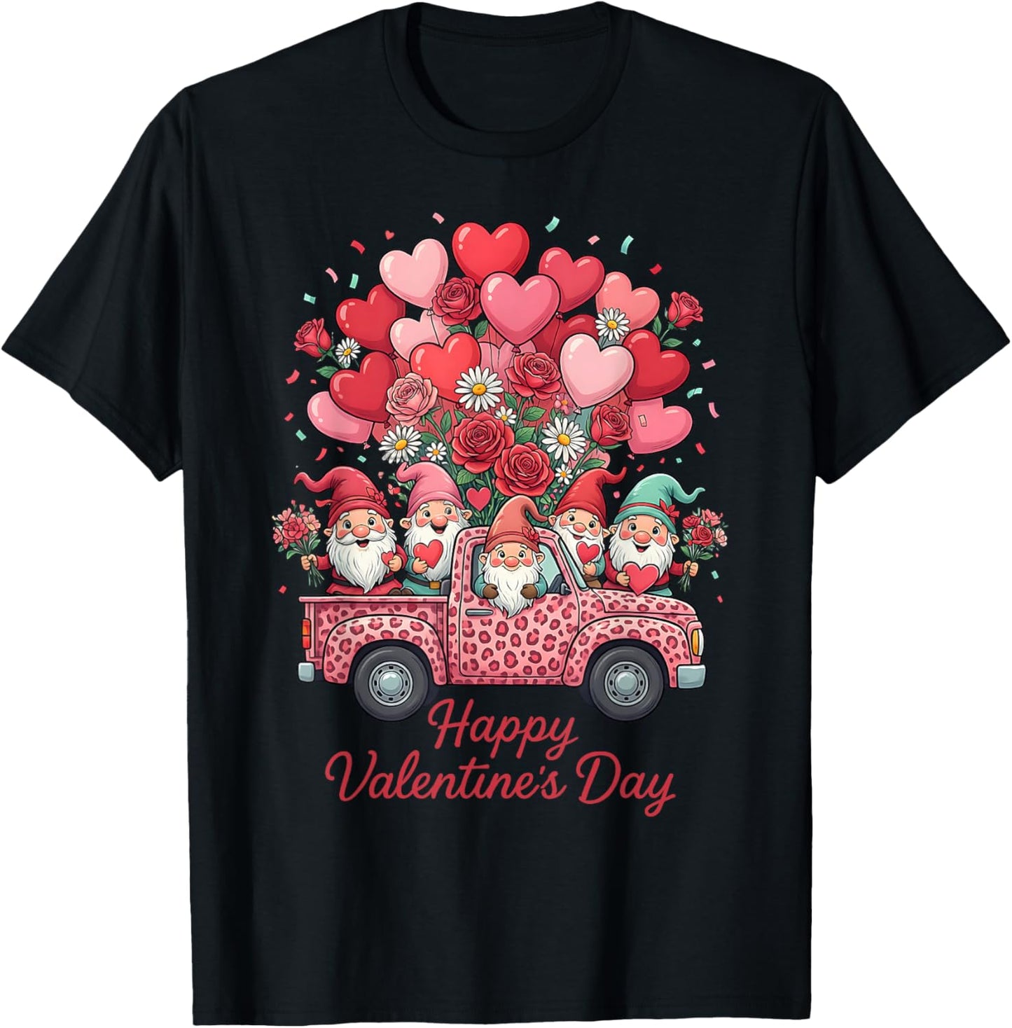 Three Gnomes and Leopard Truck Happy Valentine's Day T-Shirt - T-Shirt | Black