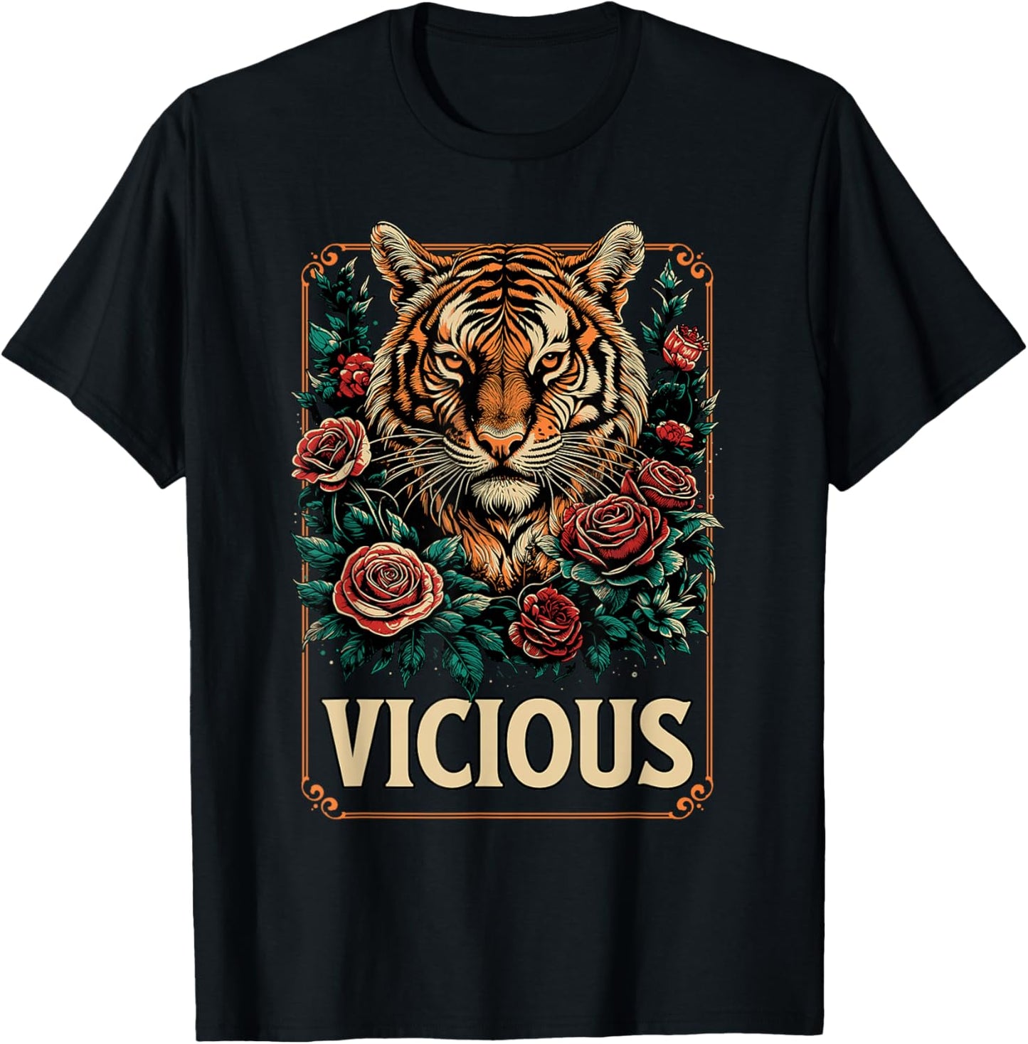 Vicious Tiger Floral Fierce Animal Strength Artwork T-Shirt - T-Shirt | Black