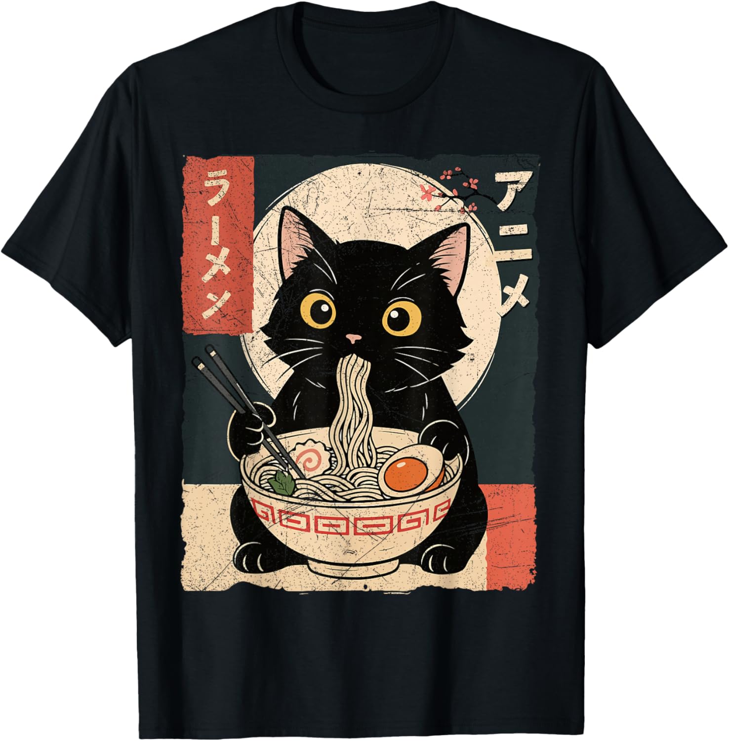Kawaii Anime Cat Ramen Japanese Graphic Men Women Teens T-Shirt - T-Shirt | Black