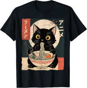 Kawaii Anime Cat Ramen Japanese Graphic Men Women Teens T-Shirt - T-Shirt | Black