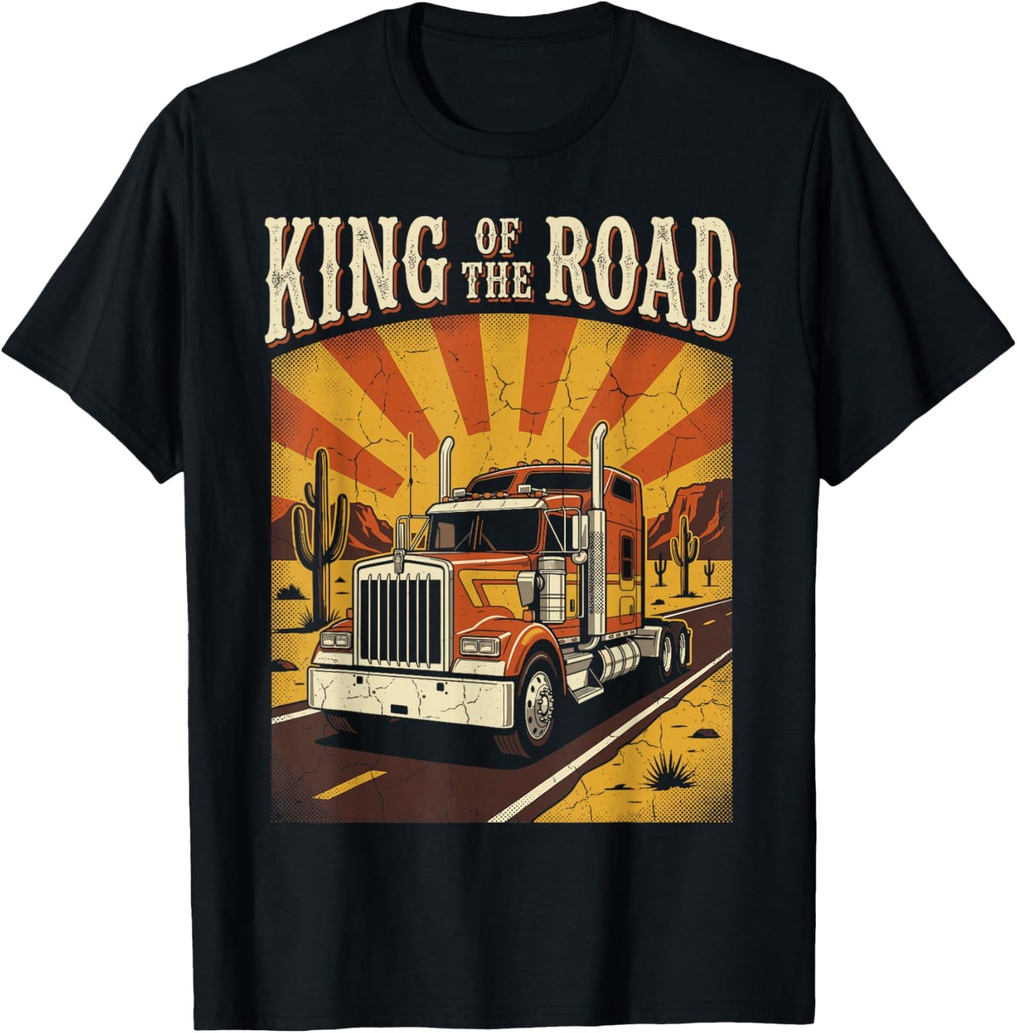 King of The Road Vintage Sunset Semi Truck Driver Trucker T-Shirt - T-Shirt | Black